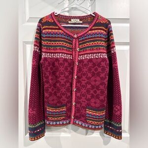 IVKO 100% Wool Geometric & Floral Knit Cardigan Sweater Size M Wooden Buttons